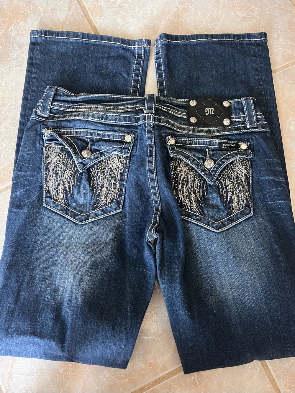 Miss Me Dark Blue Boot Cut Jeans with Silver Embroidered Pockets